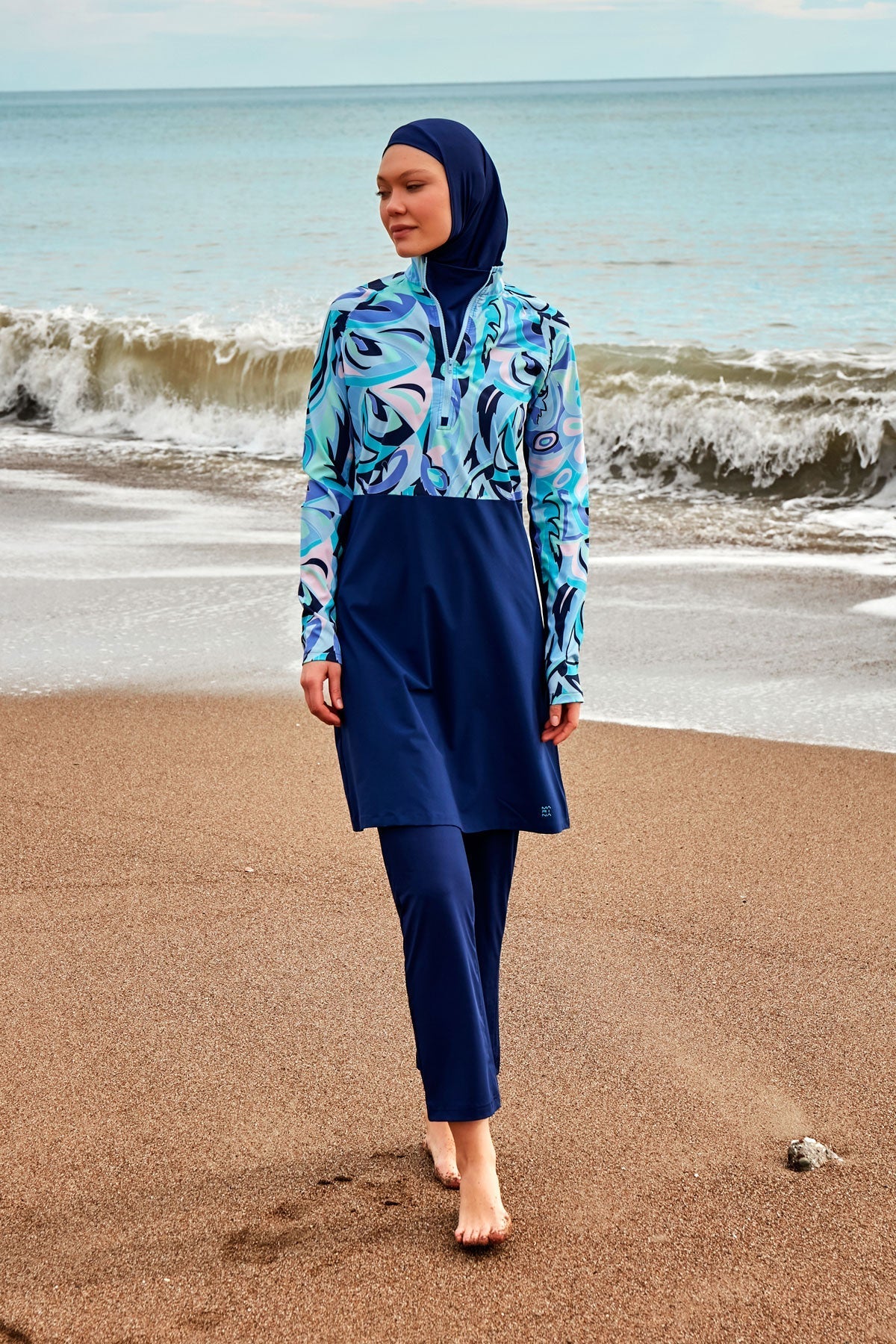 Woven Navy Burkini Modest Swimwear M2498 Covered Burkini Swimwear La Vie Bien Woven Navy Burkini Modest Swimwear M2498