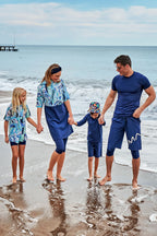 Woven Navy Half Coverage Swimsuit M2460 Semi Modest Swimwear La Vie Bien Woven Navy Half Coverage Swimsuit M2460