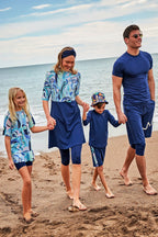 Woven Navy Half Coverage Swimsuit M2460 Semi Modest Swimwear La Vie Bien Woven Navy Half Coverage Swimsuit M2460