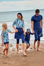 Woven Navy Half Coverage Swimsuit M2460 Semi Modest Swimwear La Vie Bien Woven Navy Half Coverage Swimsuit M2460