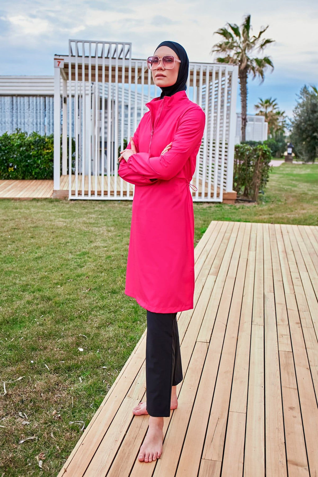 Woven Pink Burkini Modest Swimwear M2408 Covered Burkini Swimwear La Vie Bien Woven Pink Burkini Modest Swimwear M2408