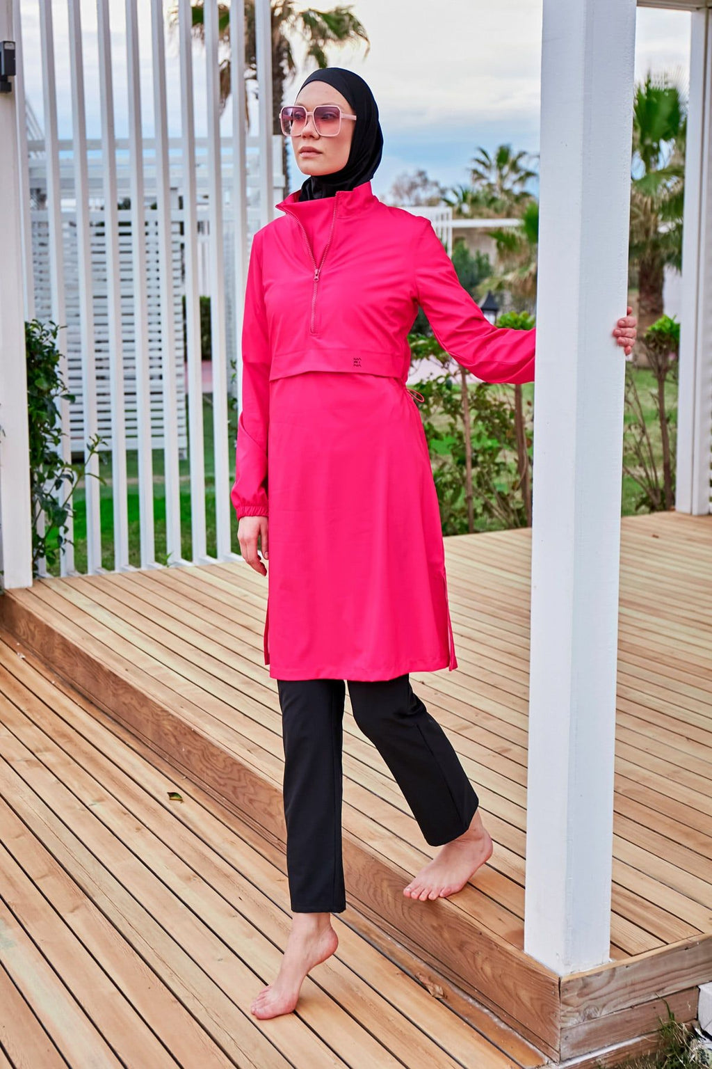Woven Pink Burkini Modest Swimwear M2408 Covered Burkini Swimwear La Vie Bien Woven Pink Burkini Modest Swimwear M2408