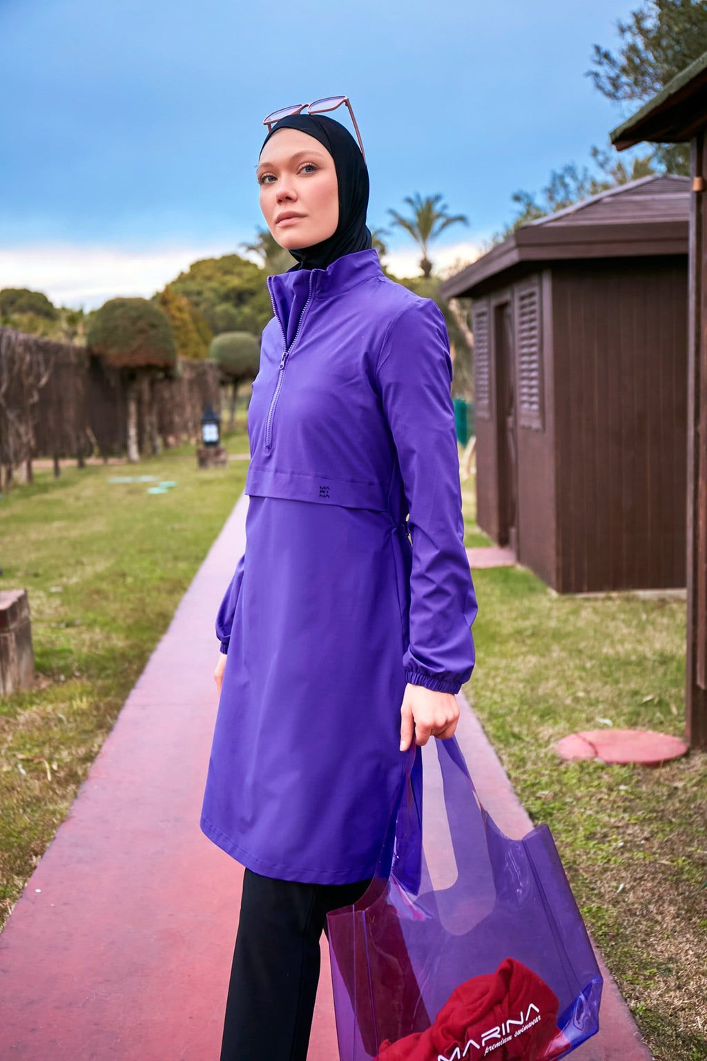 Woven Purple Burkini Modest Swimwear M2409 Covered Burkini Swimwear La Vie Bien Woven Purple Burkini Modest Swimwear M2409