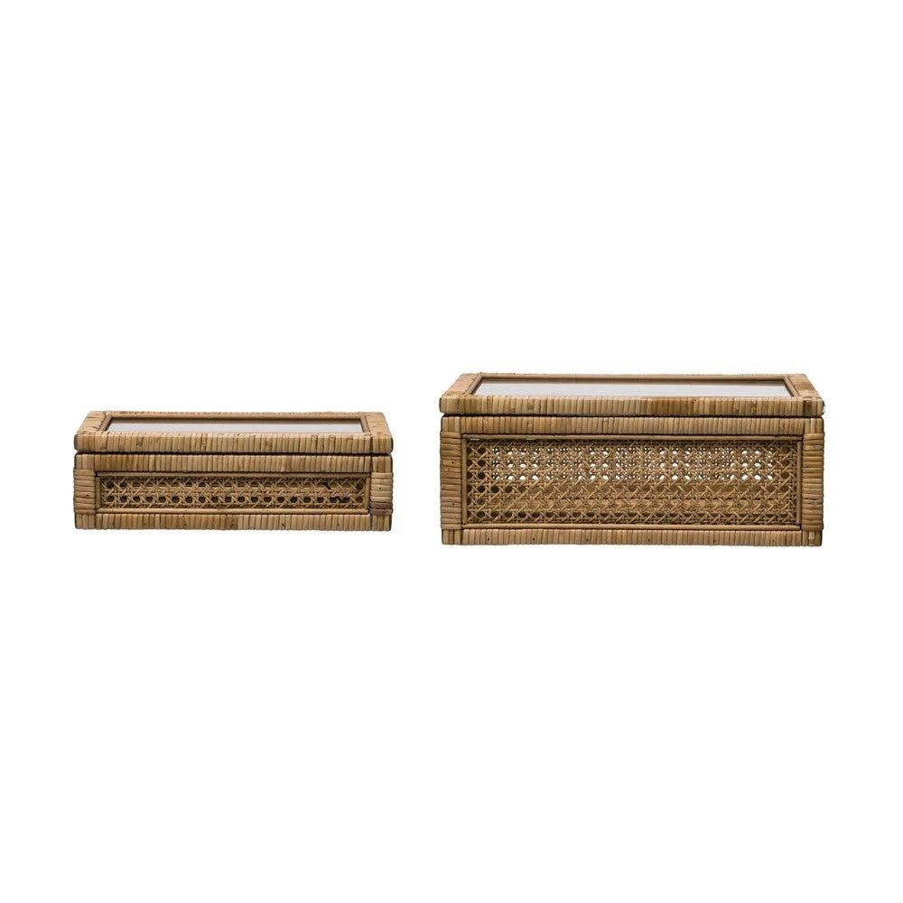 Woven Rattan & Wood Display Boxes with Glass Lid, Set of 2 by White Cliff Studio