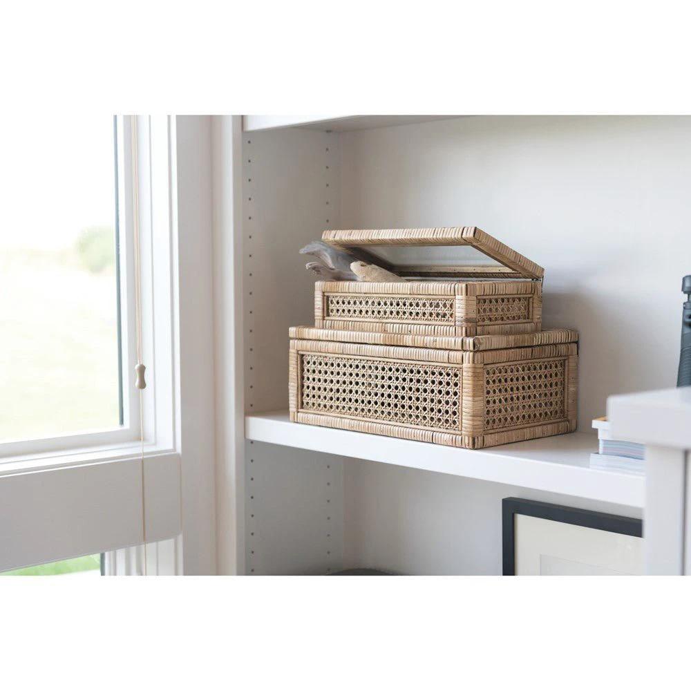 Woven Rattan & Wood Display Boxes with Glass Lid, Set of 2 by White Cliff Studio