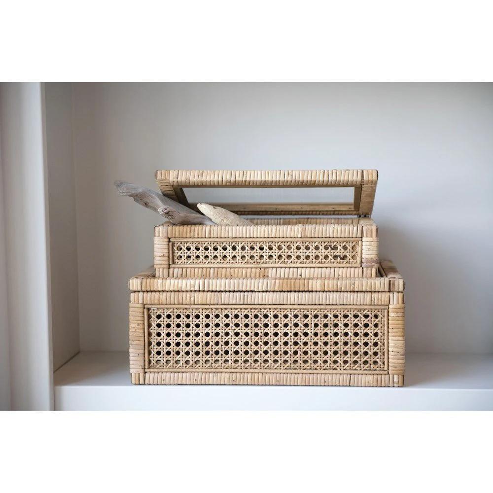 Woven Rattan & Wood Display Boxes with Glass Lid, Set of 2 by White Cliff Studio