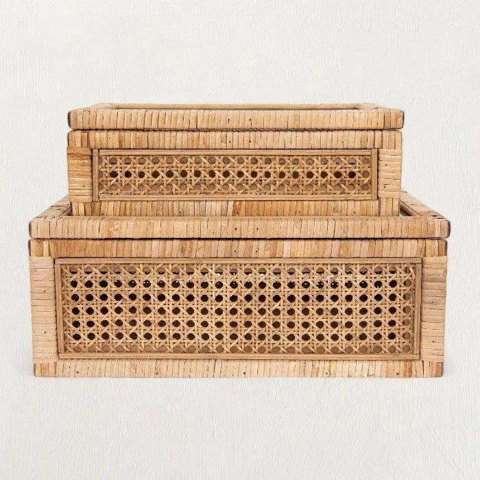 Woven Rattan & Wood Display Boxes with Glass Lid, Set of 2 by White Cliff Studio