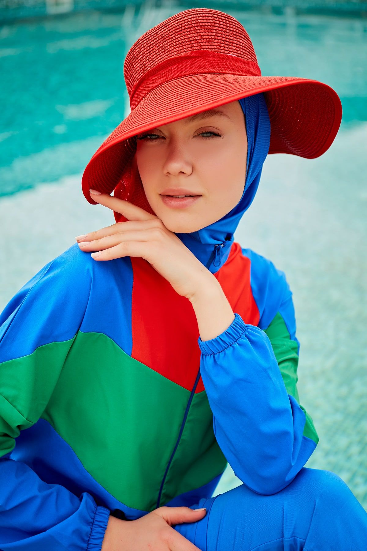 Woven Sax Burkini Modest Swimwear M2306 Covered Burkini Swimwear La Vie Bien Woven Sax Burkini Modest Swimwear M2306