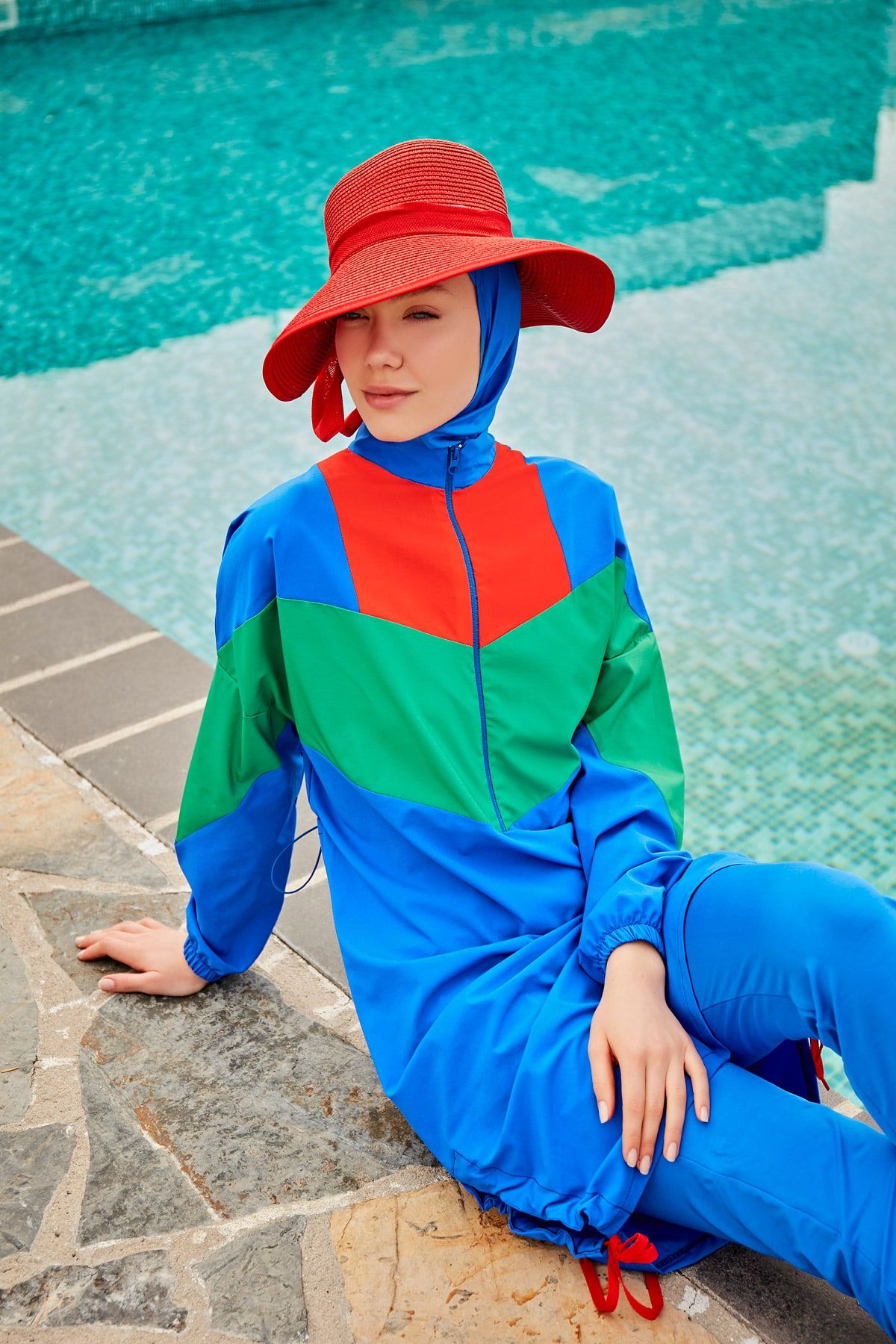 Woven Sax Burkini Modest Swimwear M2306 Covered Burkini Swimwear La Vie Bien Woven Sax Burkini Modest Swimwear M2306