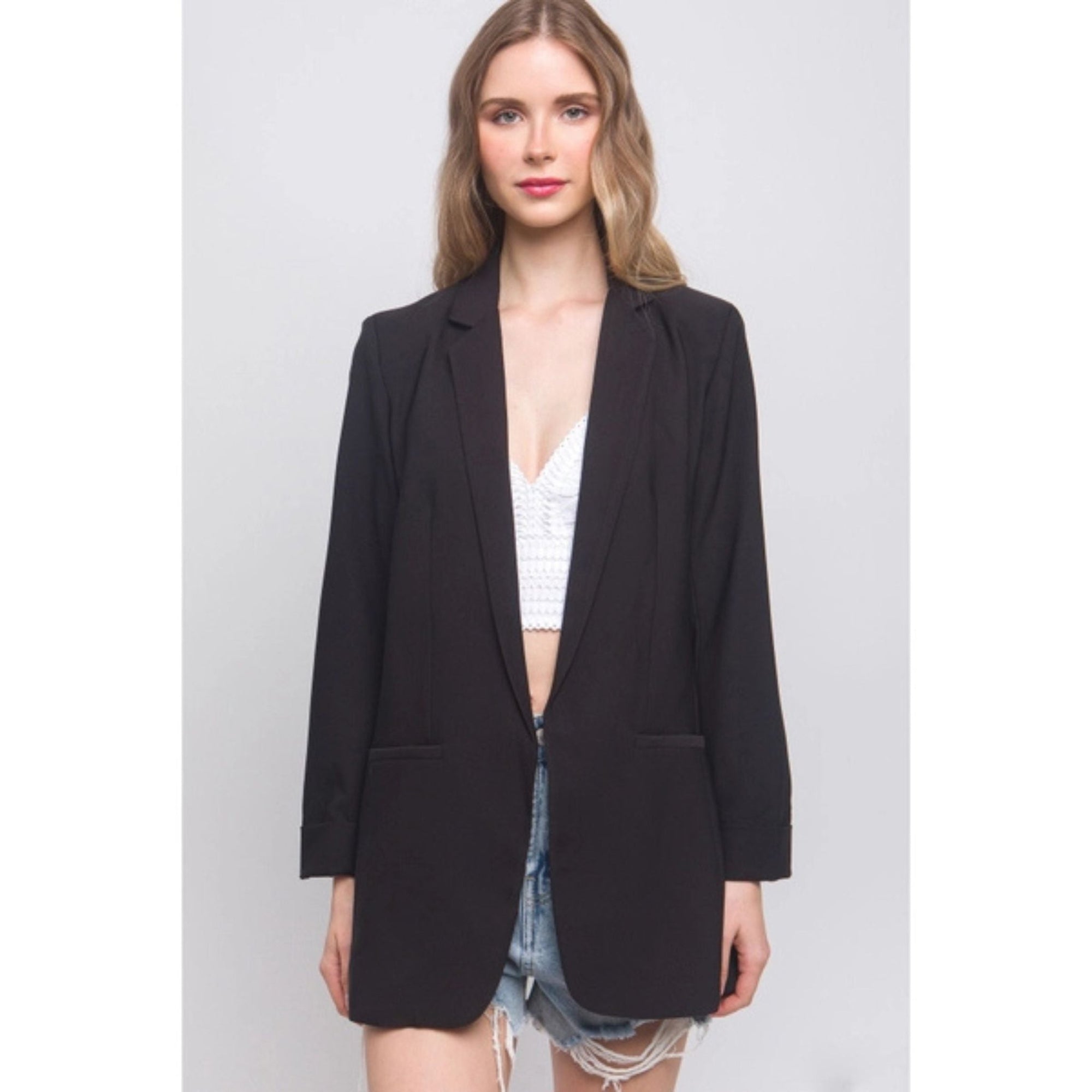 Woven Solid Vertigo Blazer in Black [Size Options: SM - 1X]