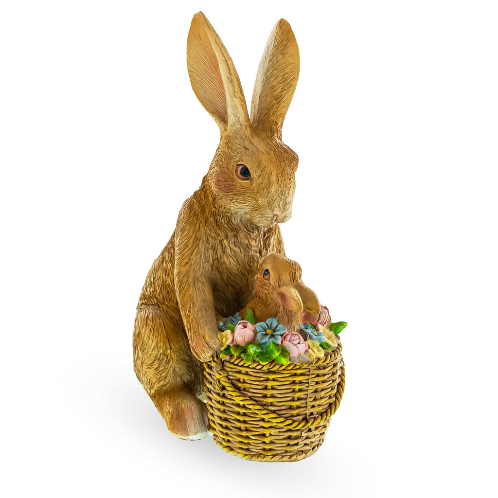 Mother & Baby Bunny Figurine Rustic Easter & Spring Decor with Floral Basket 7.4 Inches