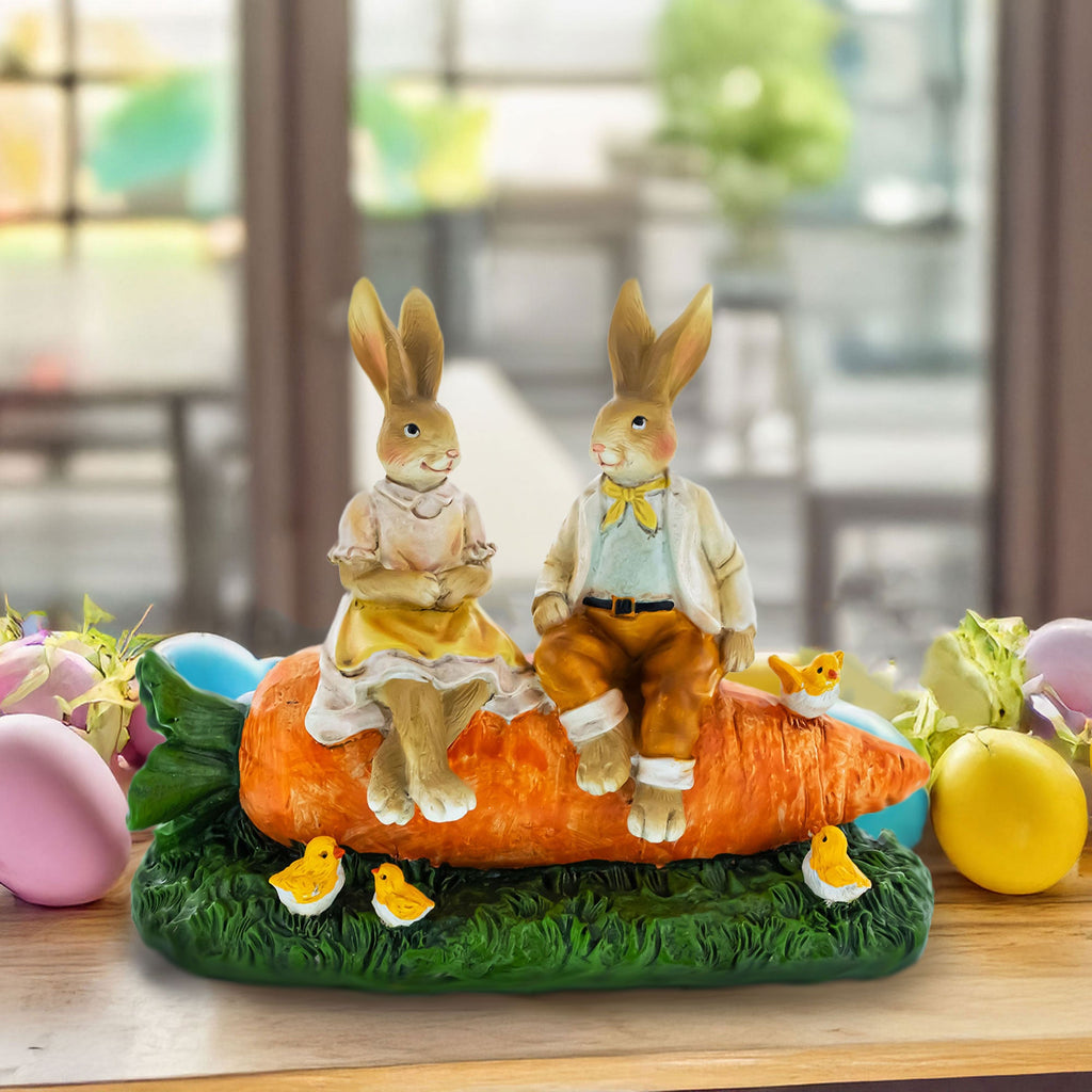 Romantic Easter Bunny Pair on Carrot with Chicks Spring Decor 6.3 Inches Tall