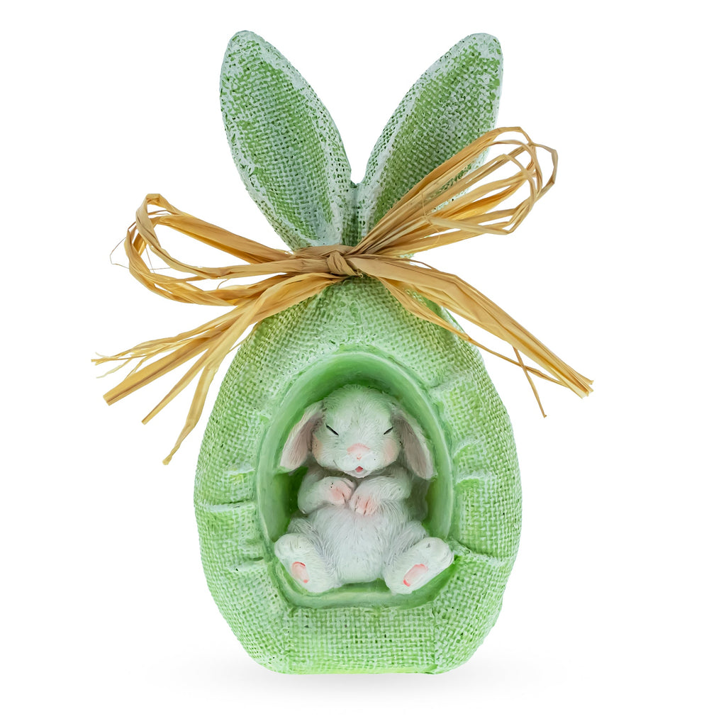 Rustic Bunny Nest Egg Decoration – Green Burlap Style Easter Ornament with Raffia Bow 6.2 Inches Tall