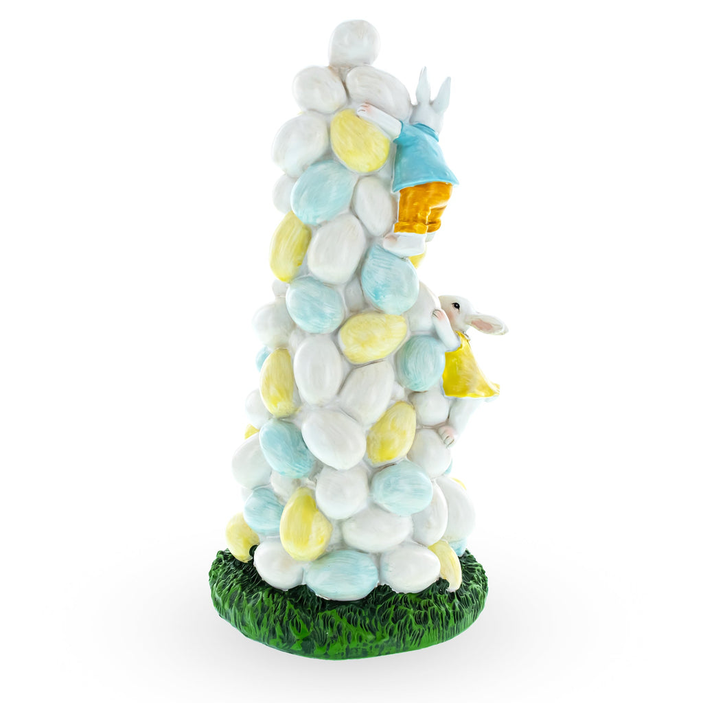 Easter Bunny Climbing Egg Tower Playful Rabbit Figurine for Spring Decor 10.6 Inches