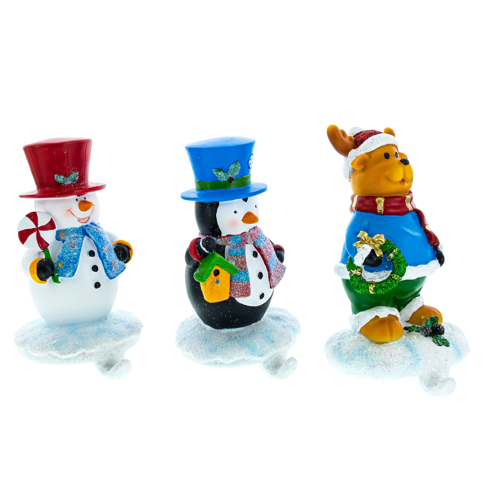 Set of 3 Christmas Stocking Holders - Snowman Penguin Reindeer Mantel Hooks
