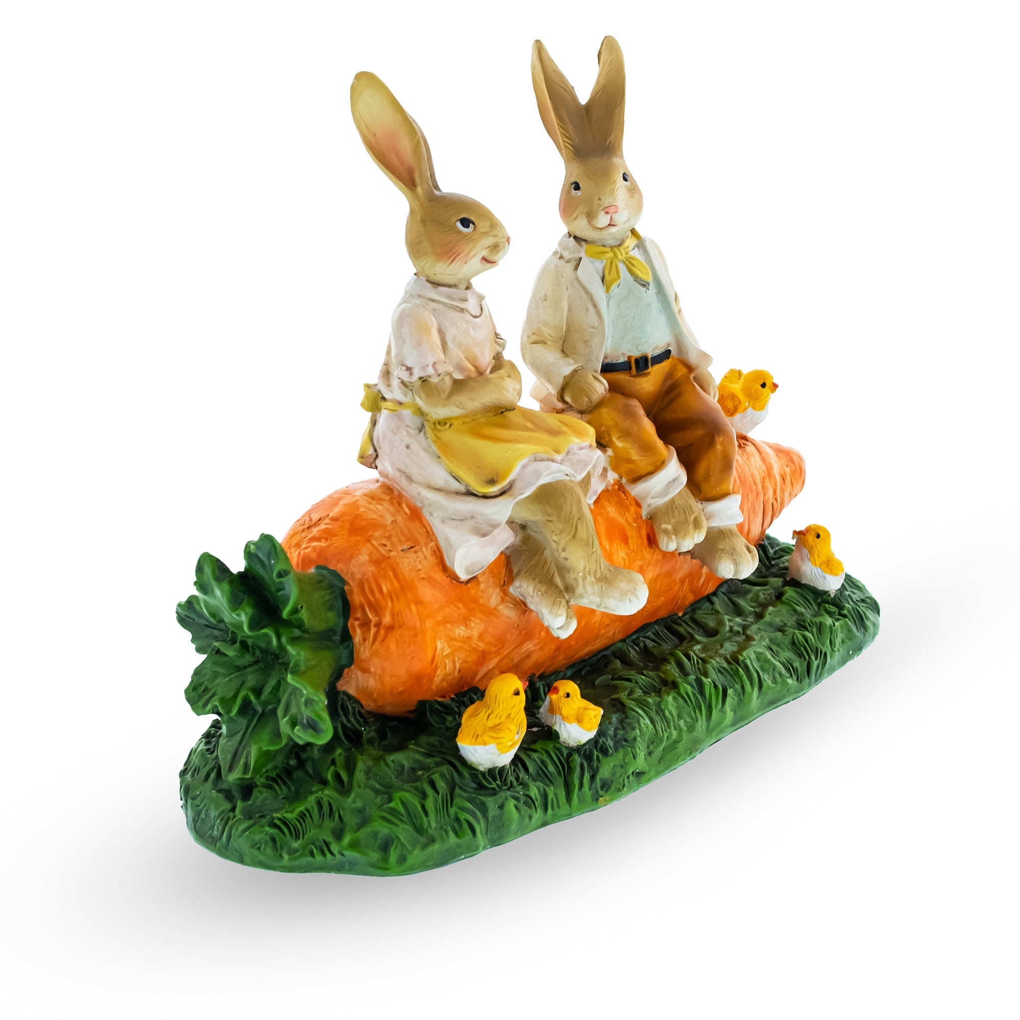 Romantic Easter Bunny Pair on Carrot with Chicks Spring Decor 6.3 Inches Tall