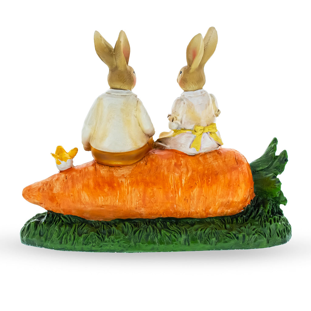 Romantic Easter Bunny Pair on Carrot with Chicks Spring Decor 6.3 Inches Tall