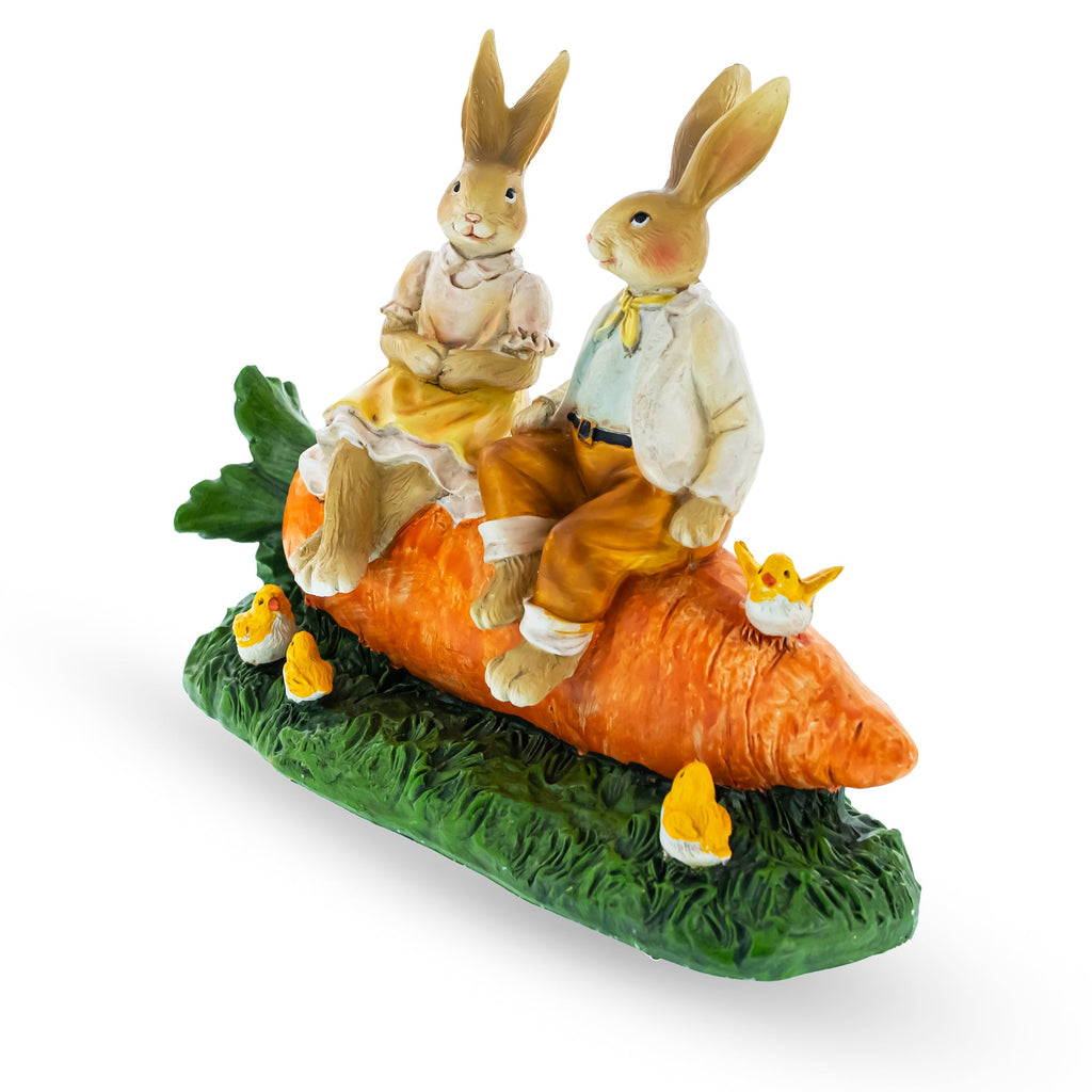 Romantic Easter Bunny Pair on Carrot with Chicks Spring Decor 6.3 Inches Tall