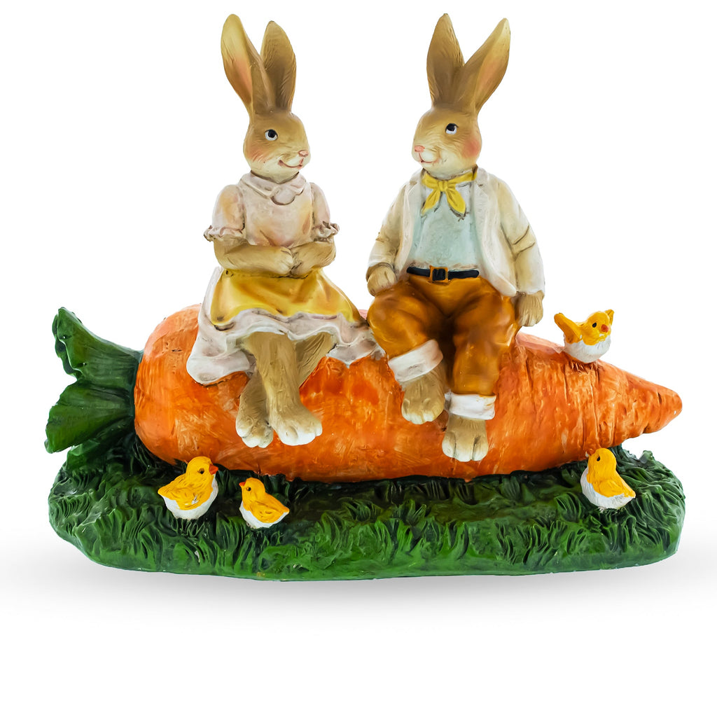 Romantic Easter Bunny Pair on Carrot with Chicks Spring Decor 6.3 Inches Tall