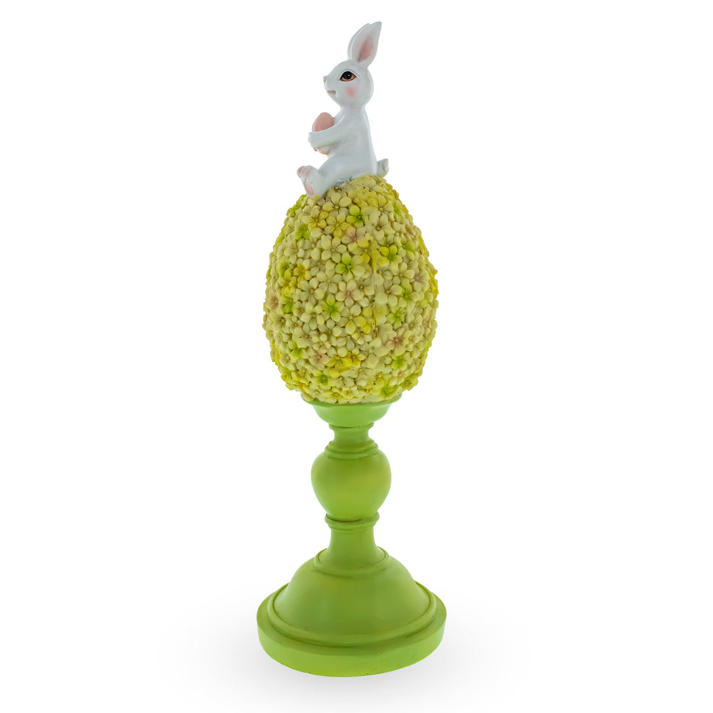 Spring Bunny Sitting on Textured Flower Easter Egg Display Stand 11.4 Inches Tall