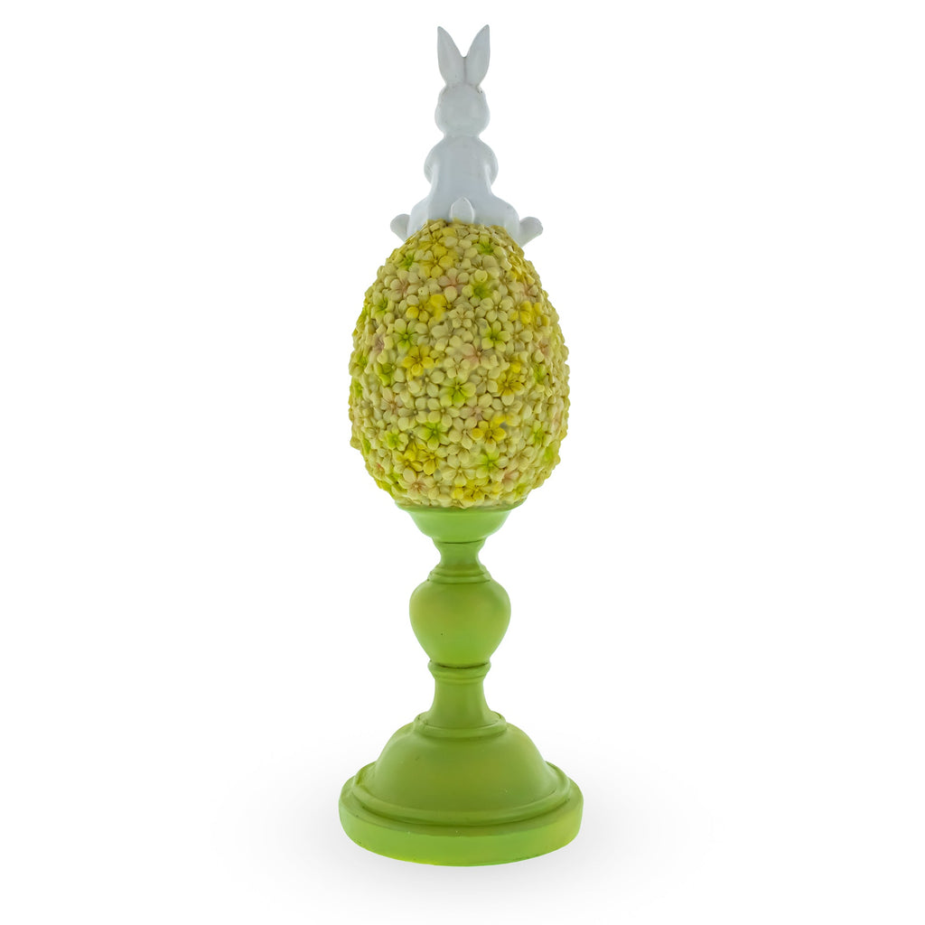 Spring Bunny Sitting on Textured Flower Easter Egg Display Stand 11.4 Inches Tall