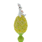 Spring Bunny Sitting on Textured Flower Easter Egg Display Stand 11.4 Inches Tall