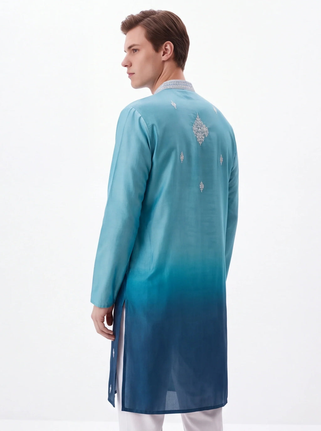 2074 - Blue silk kurta with white pajama