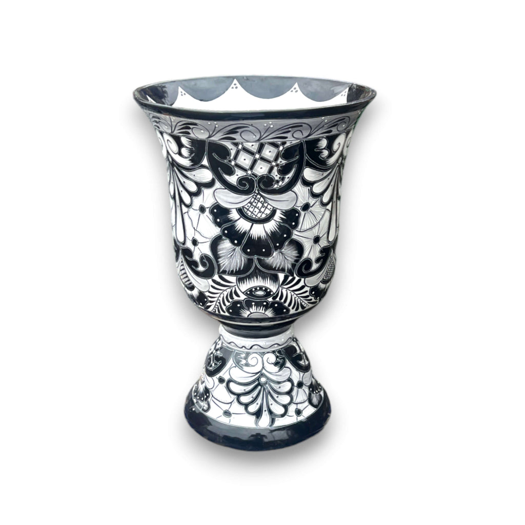 XL Black Talavera Planter | Hand-Painted Pedestal Flower Pot
