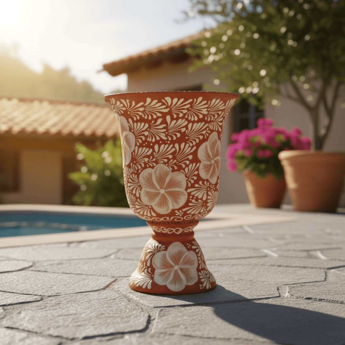 XL Brown & White Talavera Pedestal Planter | Handmade Flower Pot