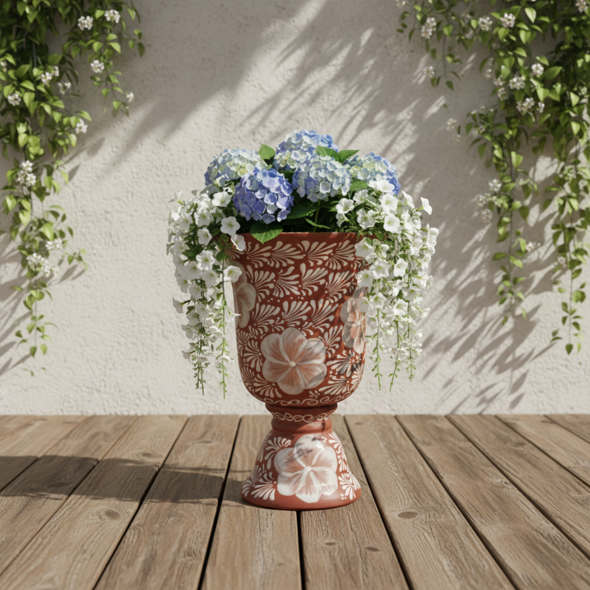 XL Brown & White Talavera Pedestal Planter | Handmade Flower Pot