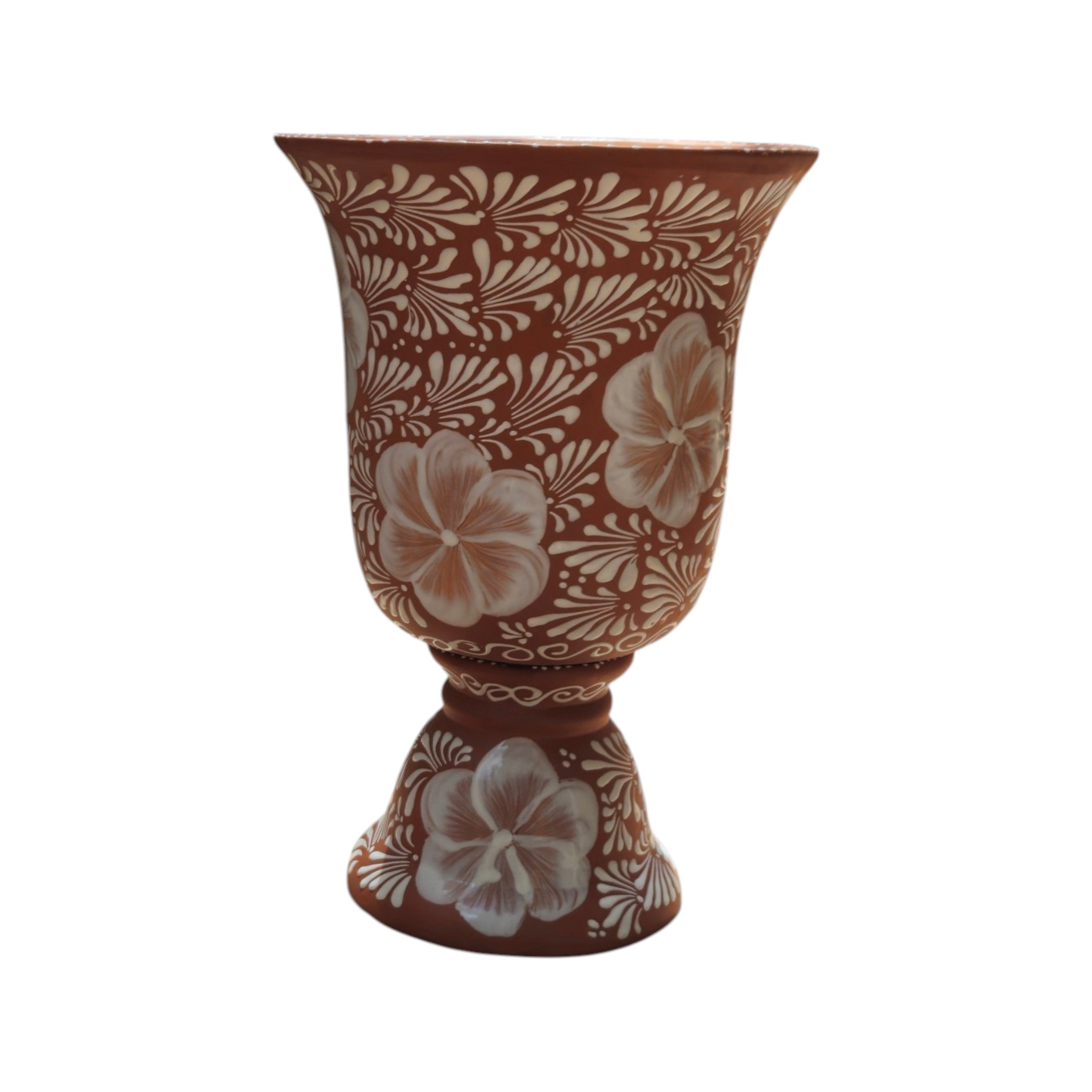 XL Brown & White Talavera Pedestal Planter | Handmade Flower Pot