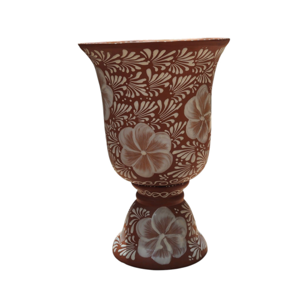 XL Brown & White Talavera Pedestal Planter | Handmade Flower Pot