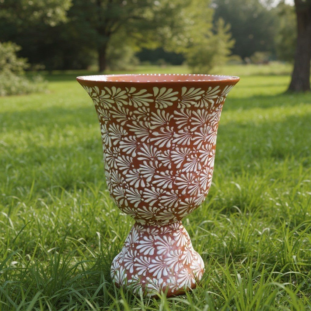 XL Brown & White Talavera Pedestal Planter | Handmade Flower Pot Talavera Flower Pot La Vie Bien XL Brown & White Talavera Pedestal Planter | Handmade Flower Pot