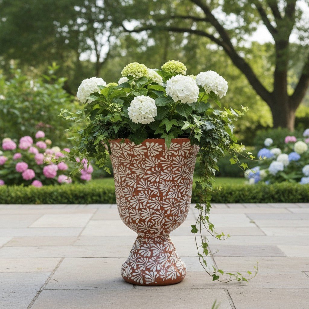 XL Brown & White Talavera Pedestal Planter | Handmade Flower Pot Talavera Flower Pot La Vie Bien XL Brown & White Talavera Pedestal Planter | Handmade Flower Pot