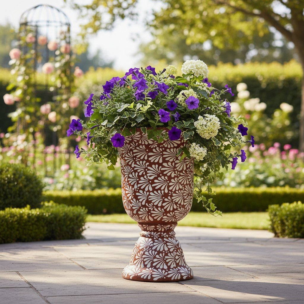 XL Brown & White Talavera Pedestal Planter | Handmade Flower Pot Talavera Flower Pot La Vie Bien XL Brown & White Talavera Pedestal Planter | Handmade Flower Pot