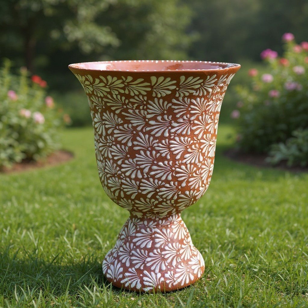 XL Brown & White Talavera Pedestal Planter | Handmade Flower Pot Talavera Flower Pot La Vie Bien XL Brown & White Talavera Pedestal Planter | Handmade Flower Pot