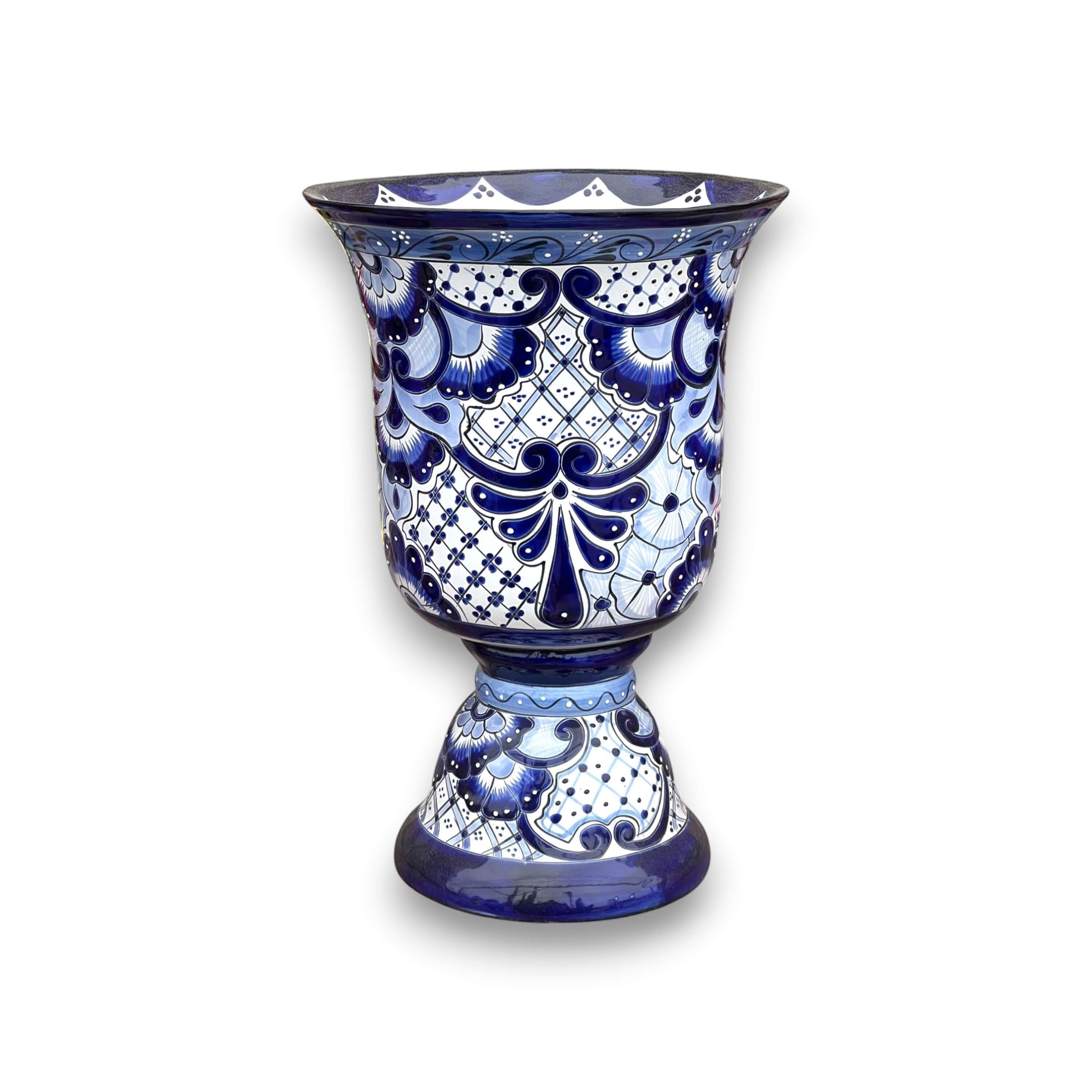 XL Talavera Planter | Hand-Painted Blue Pedestal Flower Pot