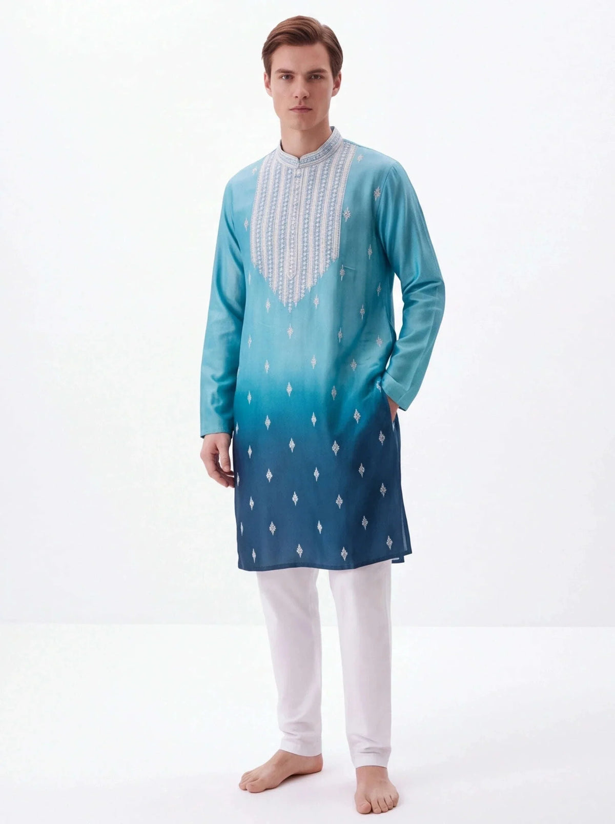 2074 - Blue silk kurta with white pajama