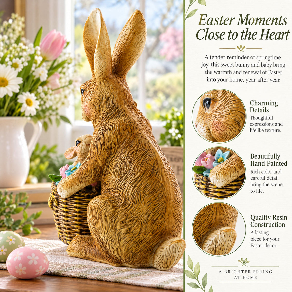 Mother & Baby Bunny Figurine Rustic Easter & Spring Decor with Floral Basket 7.4 Inches