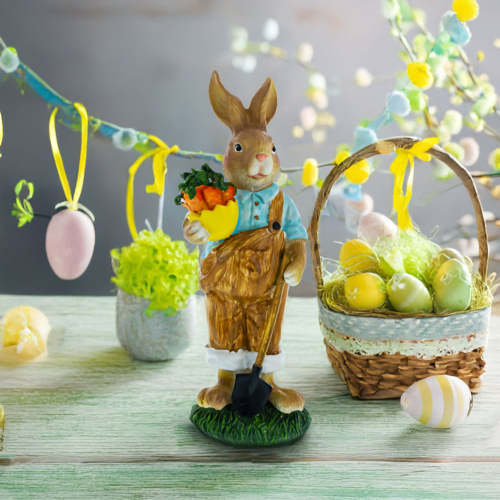 Farmer Bunny with Carrots Shovel Figurine - Spring Home Decor 8.9 Inches