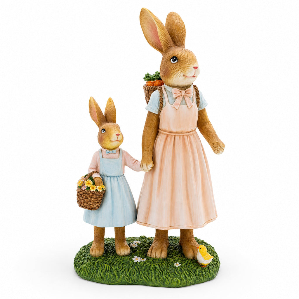Easter Bunny Mother and Child Figurine - Spring Home Decor 11 Inches