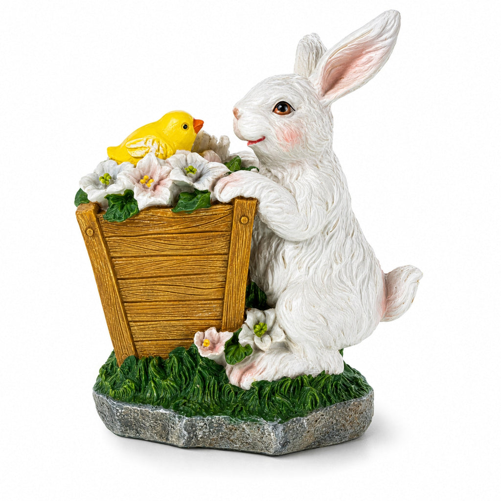 Wooden-Style Easter Bunny and Chick Figurine - 7" Spring Planter Decor