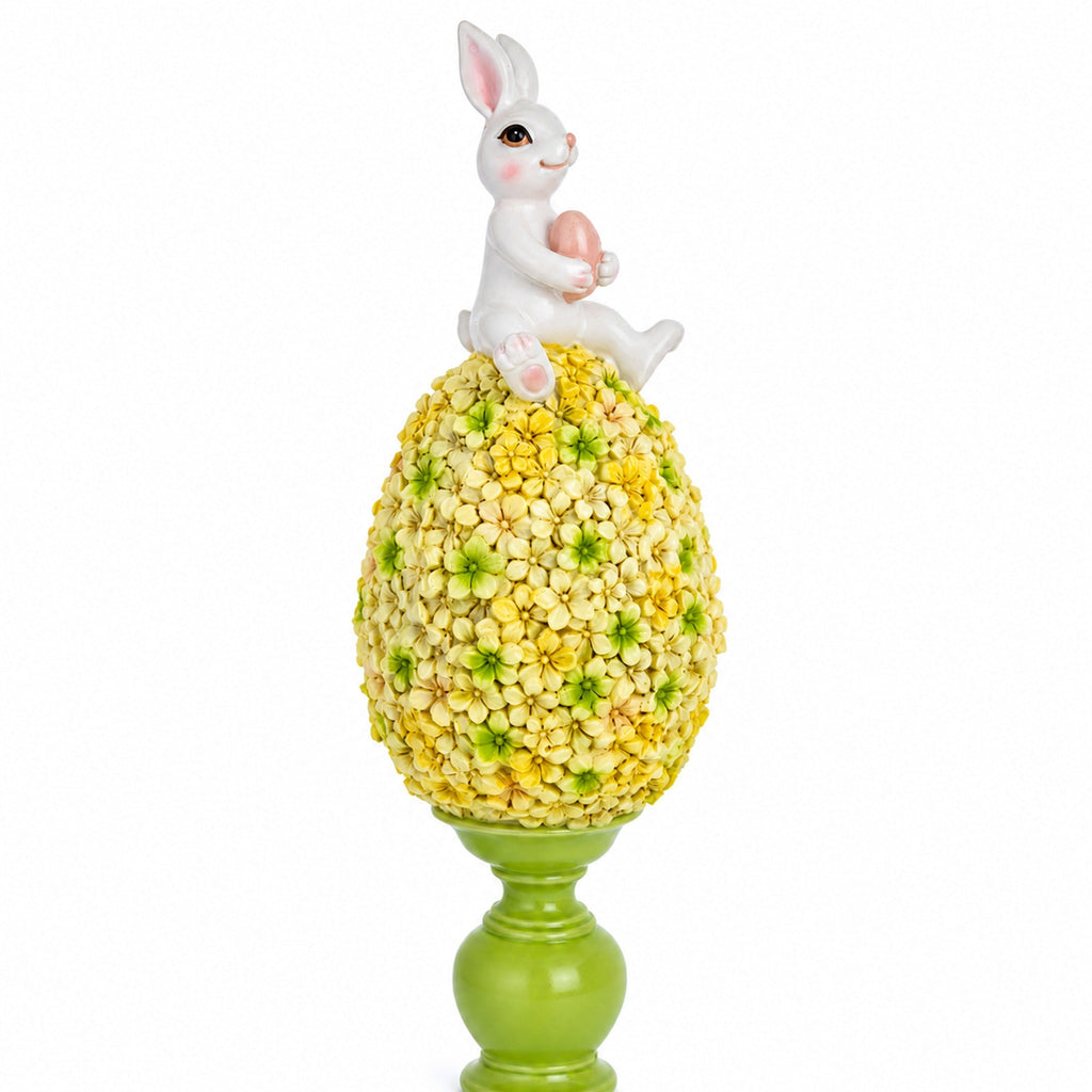 Spring Bunny Sitting on Textured Flower Easter Egg Display Stand 11.4 Inches Tall