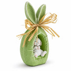 Rustic Bunny Nest Egg Decoration – Green Burlap Style Easter Ornament with Raffia Bow 6.2 Inches Tall