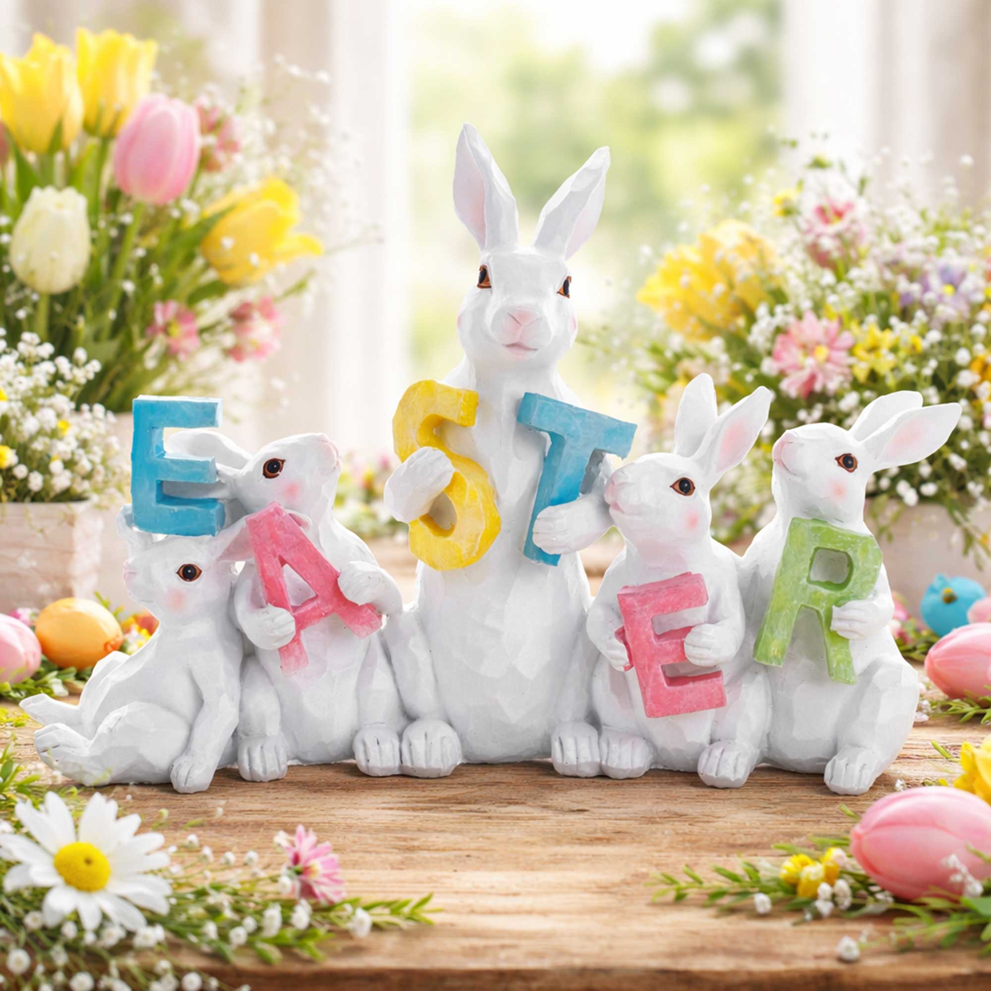 Wooden-Style Easter Bunny Figurine - 8.7" Tall Spring Letter Mantel Decor