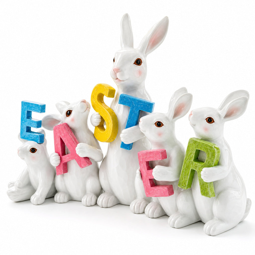 Wooden-Style Easter Bunny Figurine - 8.7" Tall Spring Letter Mantel Decor