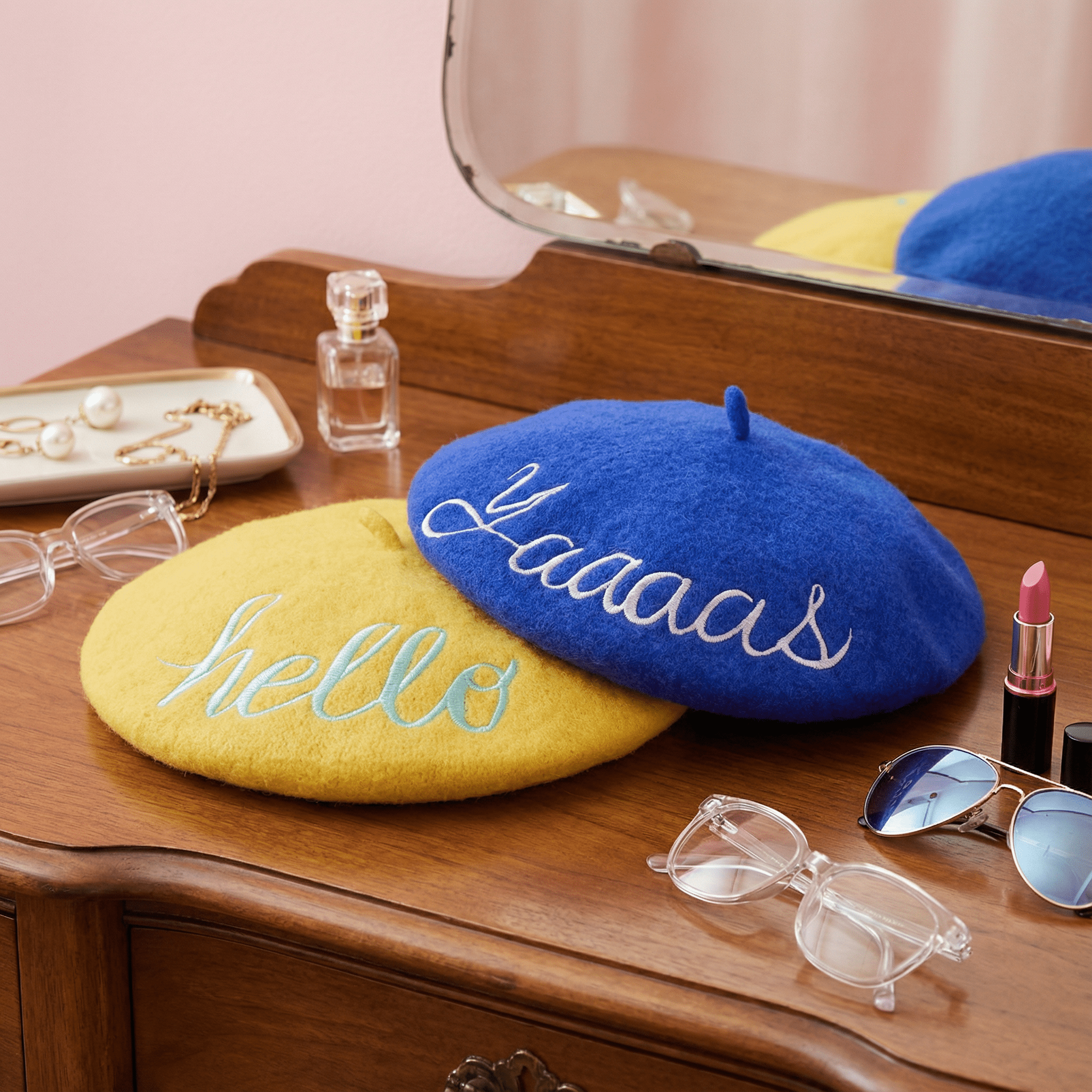 Yaaaas Embroidered Beret in Blue Hat La Vie Bien Yaaaas Embroidered Beret in Blue