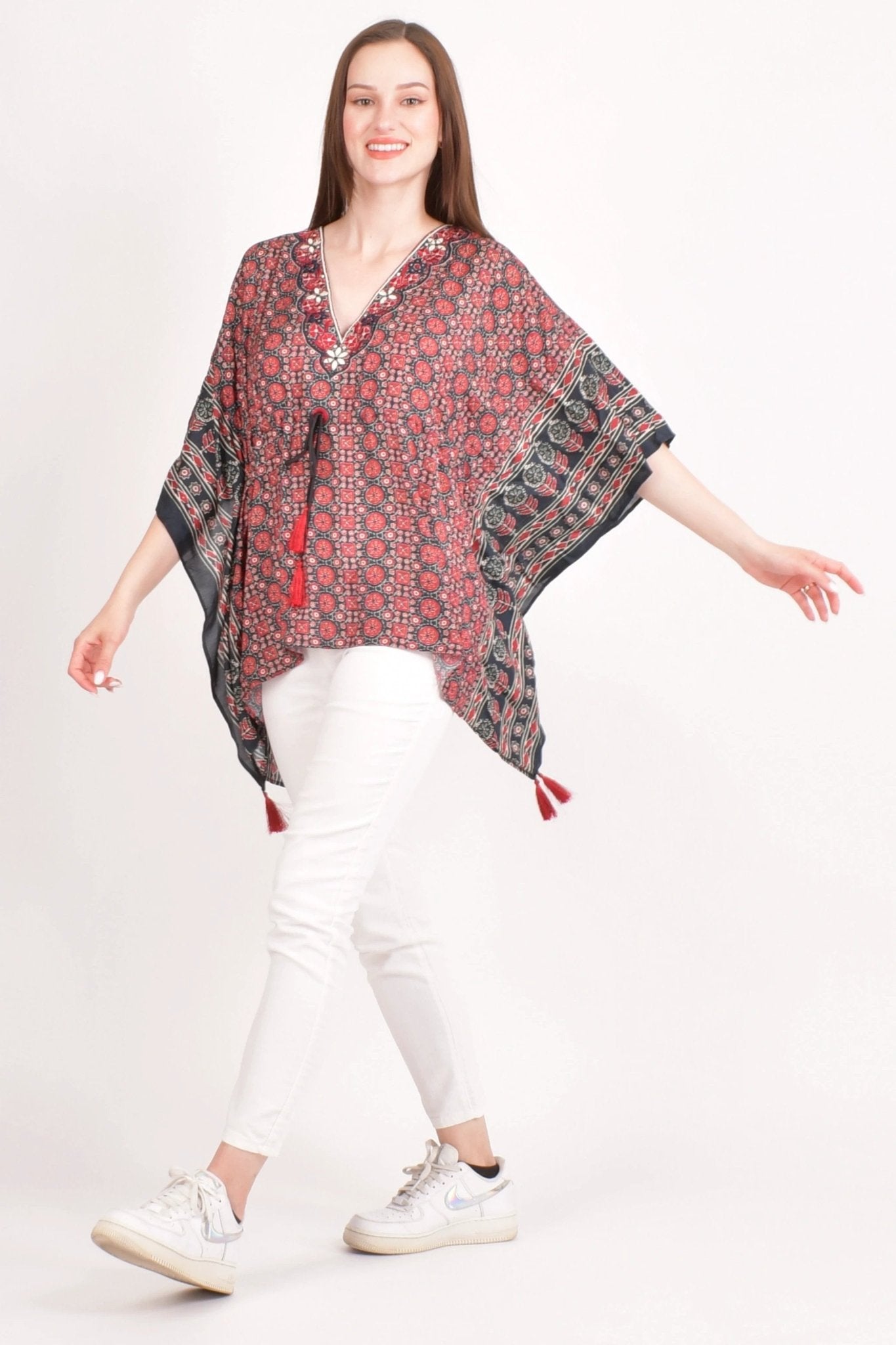 Yana Embroidered Ajrakh Kaftan Top by Raas