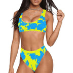 Yellow and Blue Paint Splatter Sport Top & High-Waisted Bikini Swimsuit / Rave Set by BigTexFunkadelic