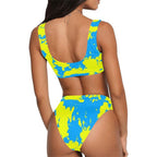 Yellow and Blue Paint Splatter Sport Top & High-Waisted Bikini Swimsuit / Rave Set by BigTexFunkadelic